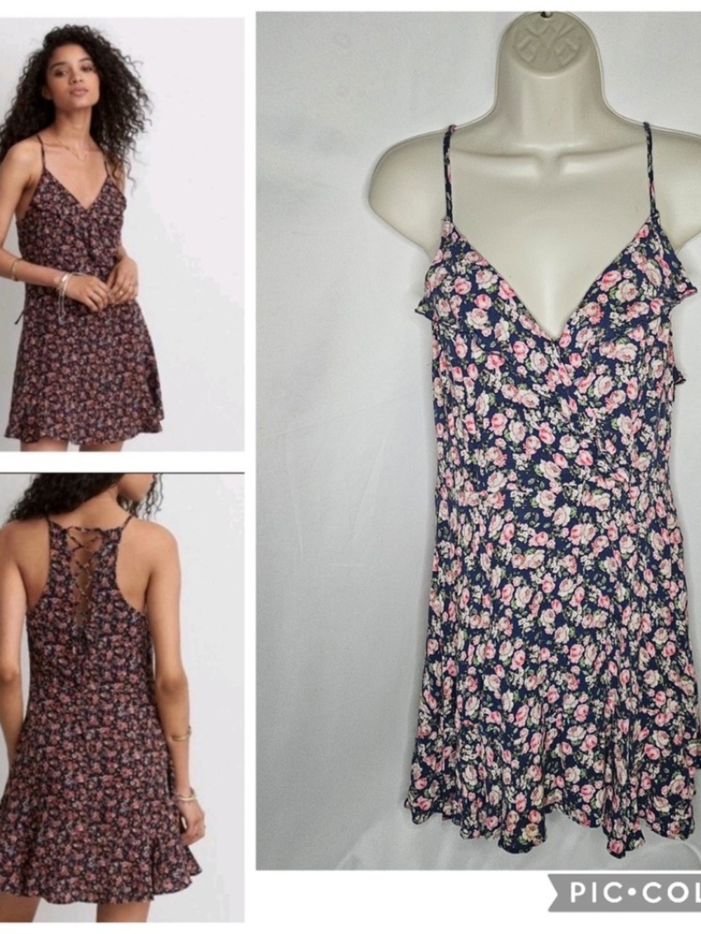 Womens American Eagle Outfitters Blue Pink Floral Tie Lace Up Back Wrap Dress L